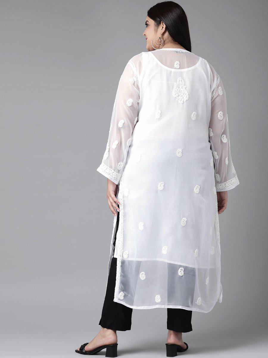 ADA Women Plus Size White Chikankari Embroidered Handloom Kurta with Inner