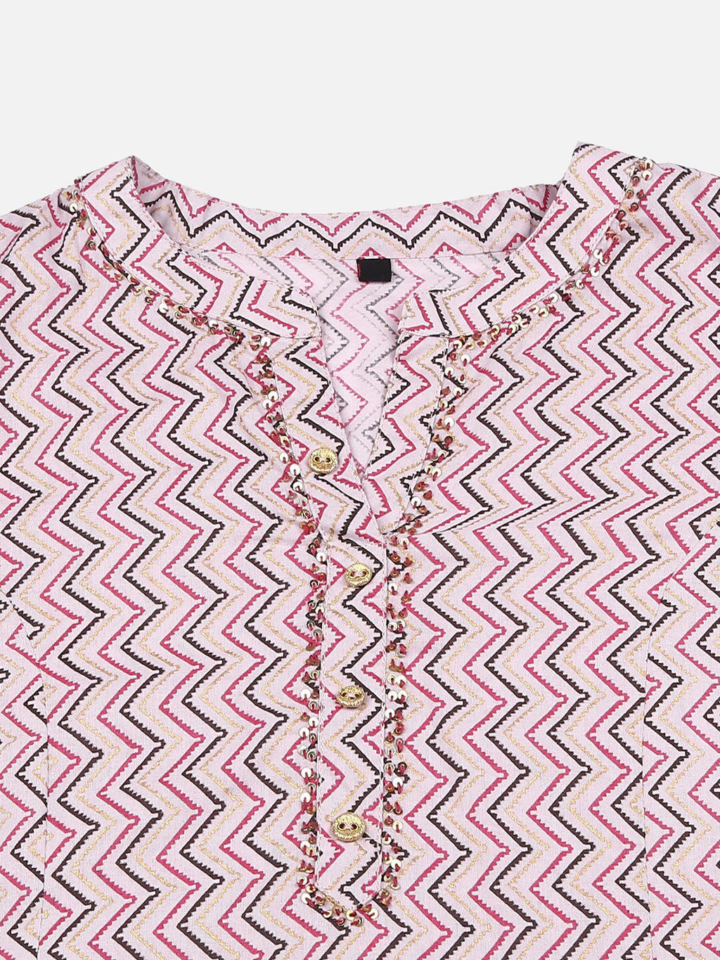 HERE&NOW Pink & Brown Chevron Printed Sequined Pure Cotton Kurta