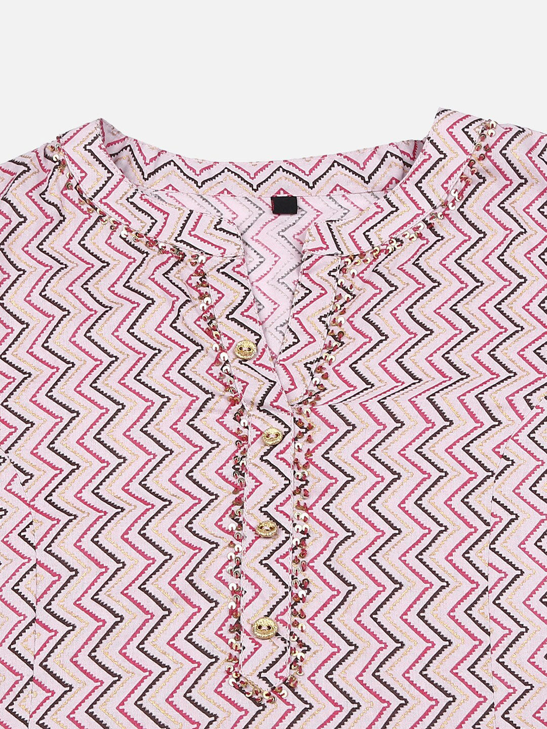 HERE&NOW Pink & Brown Chevron Printed Sequined Pure Cotton Kurta