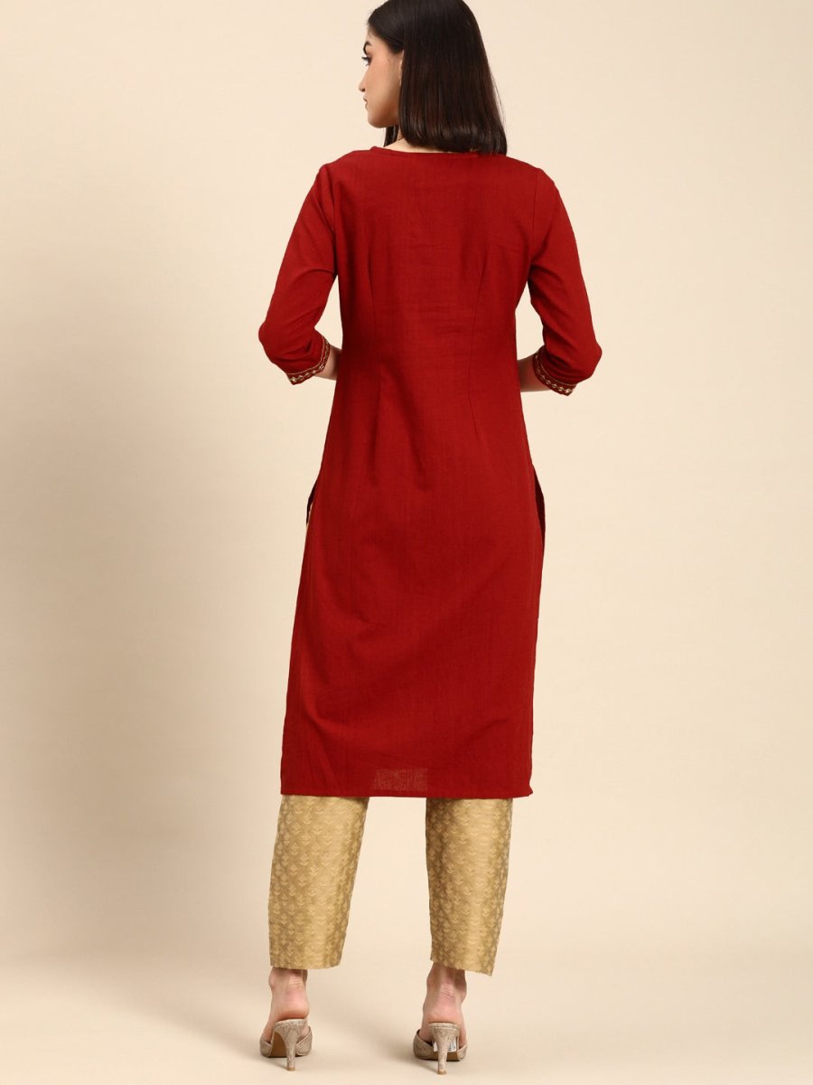 All About You Women Red & Gold-Toned Keyhole Neck Gotta Patti Kurta