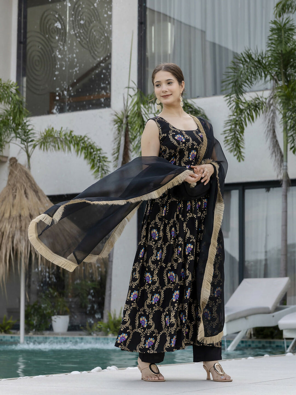 The52 Black Women's Gorgeous Printed Muslin Fabric Flared Kurta Pant and Dupatta Set