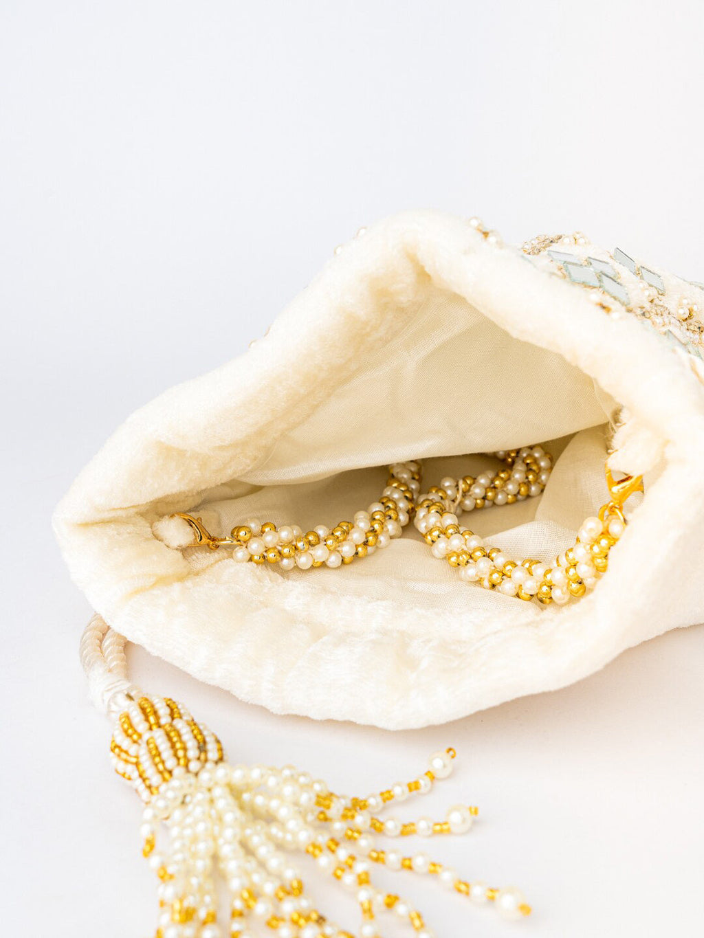 NR By Nidhi Rathi White Mirror Work Embroidered Potli Clutch