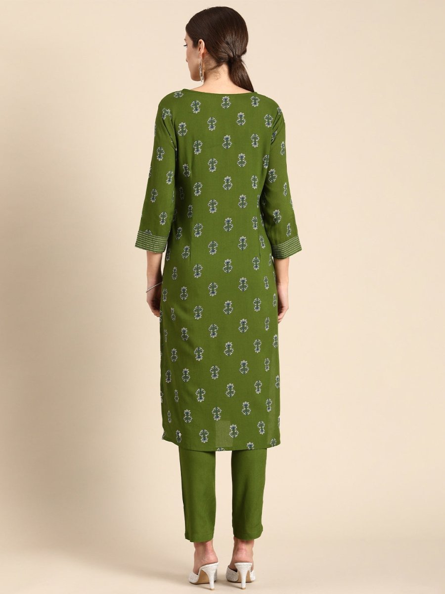 All About You Women Green Floral Printed Regular V-Neck Kurta with Trousers