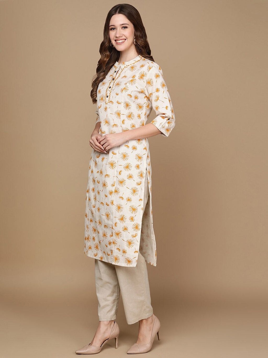 HERE&NOW Off White & Mustard Yellow Floral Printed Thread Work Sequinned Cotton Kurta