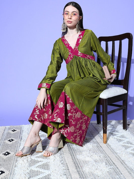 InWeave Women's Olive Wine Brocade Mughal Shaan Kurta Palazzo Set