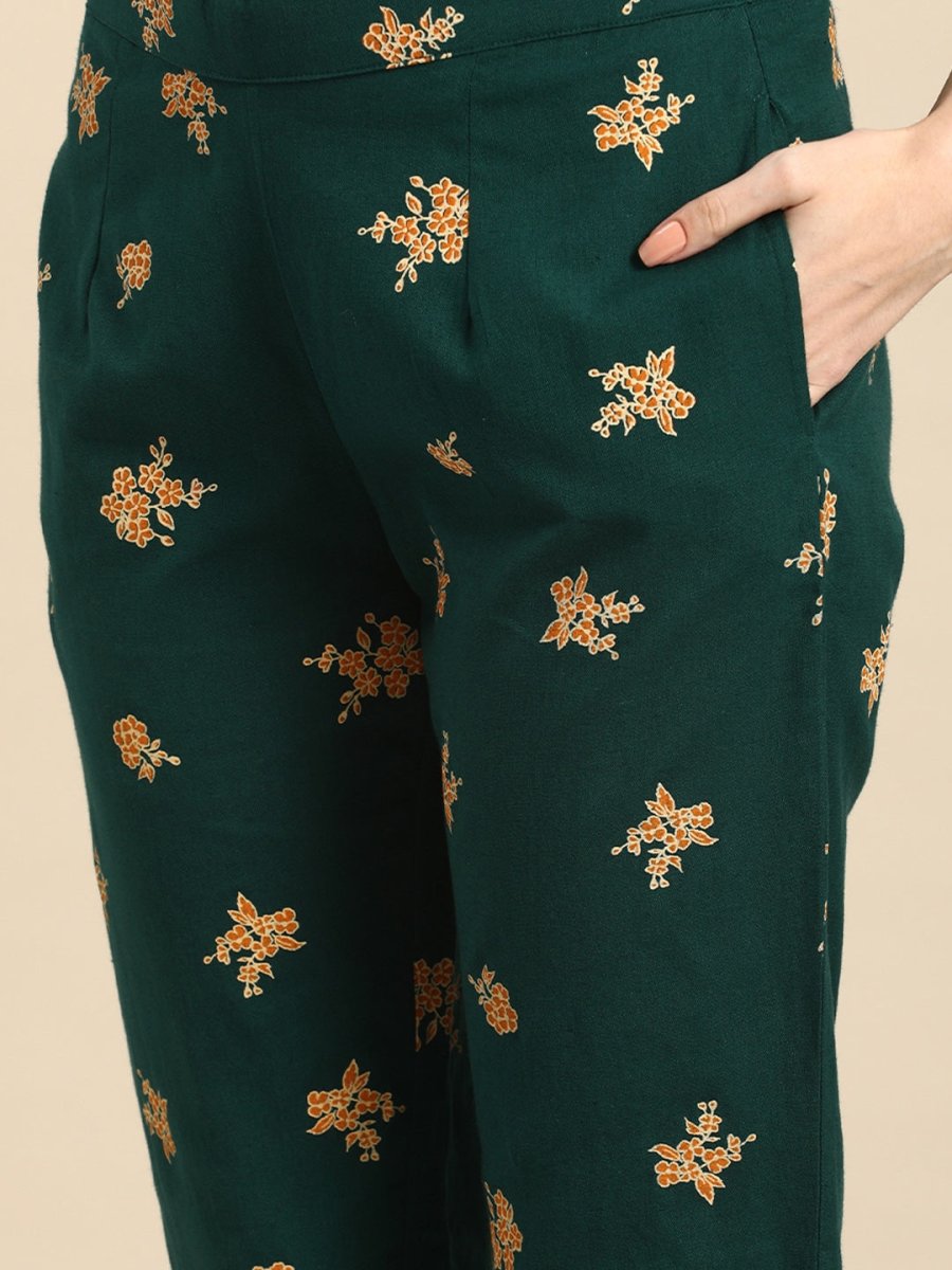 All About You Women Green & Brown Floral Printed Regular Pure Cotton Kurta with Trousers