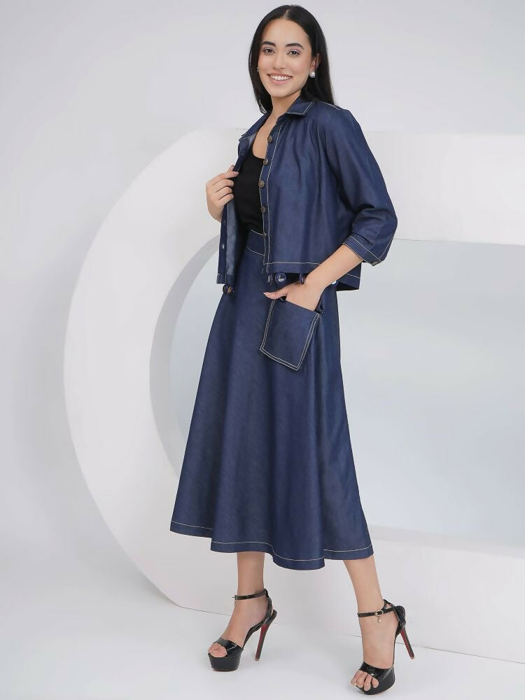 Joban Fashion Black Cotton Denim A Line Skirt With Inner And Jacket
