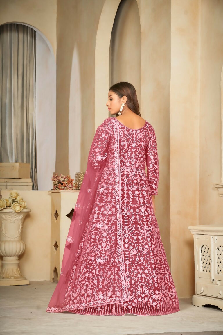Jyoti Fashion Women's Gajri Net Embroidered Anarkali Kurta Pant Set With Dupatta