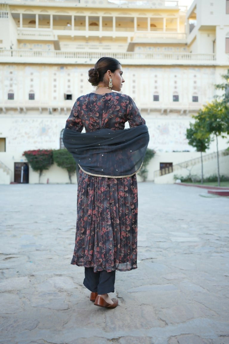 Vaasva Black Chinon Floral Embroidered Angrakha, Pant & Dupatta set