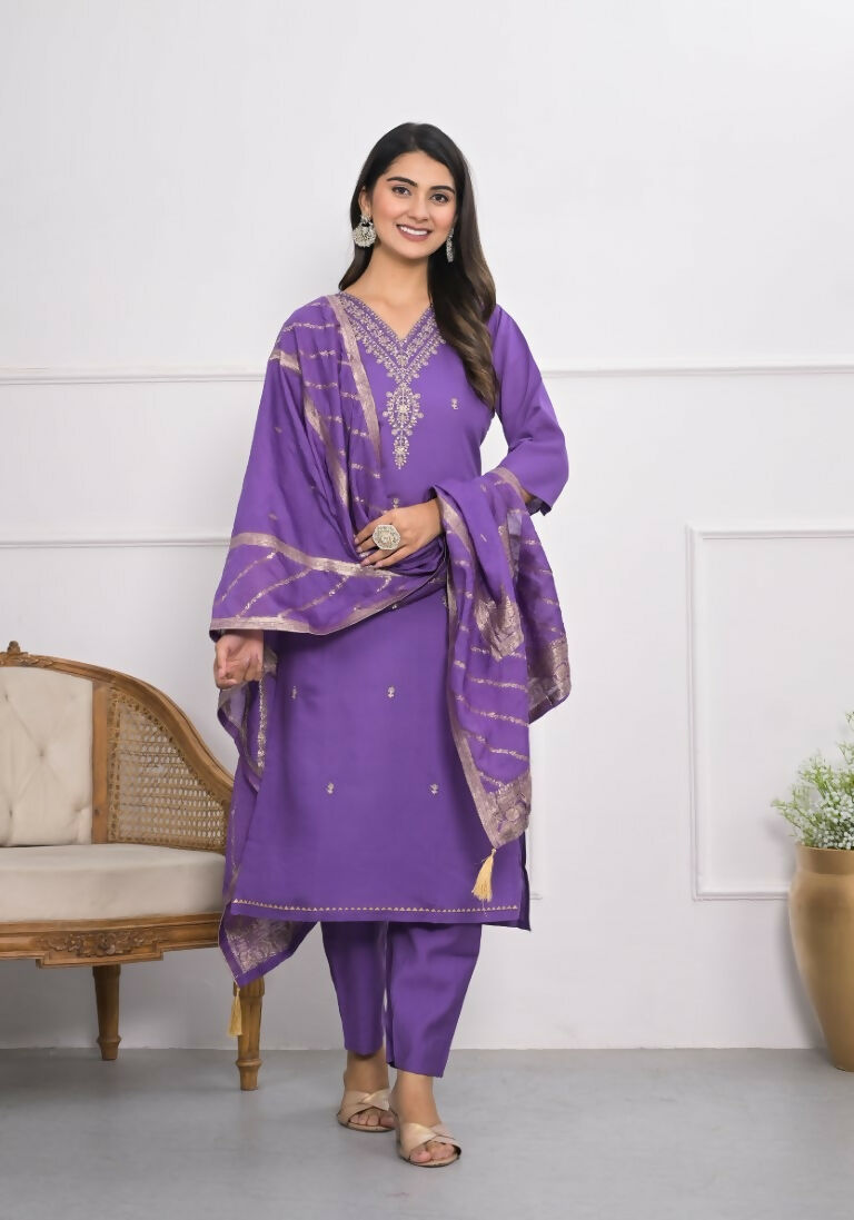 Purple Viscose Silk Embroidery with Thread and sequence Stitched Suit With Dupatta - Tanisha