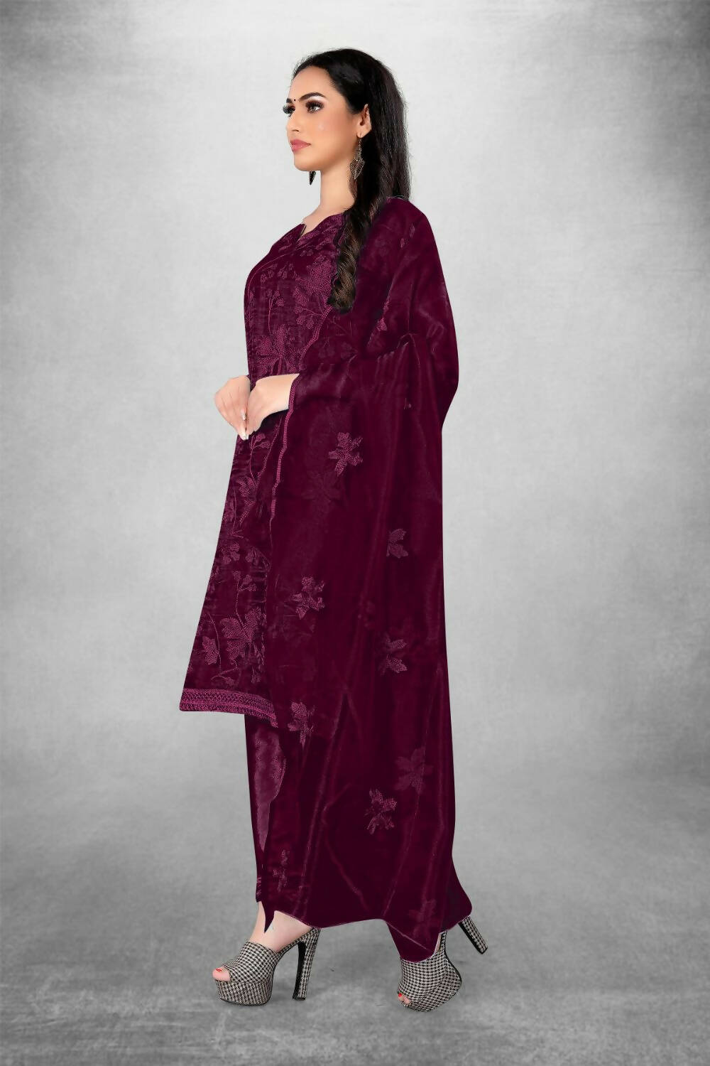 Wine Heavy Organza Silk Embroidered Unstitched Dress Material - Amara
