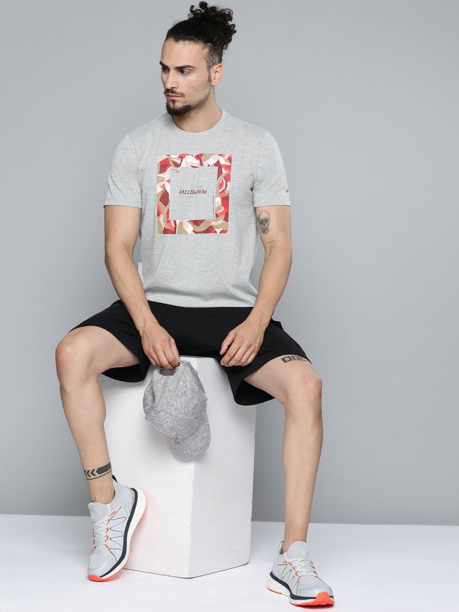Alcis Men Grey Melange Typography Printed Slim Fit Gym T-shirt
