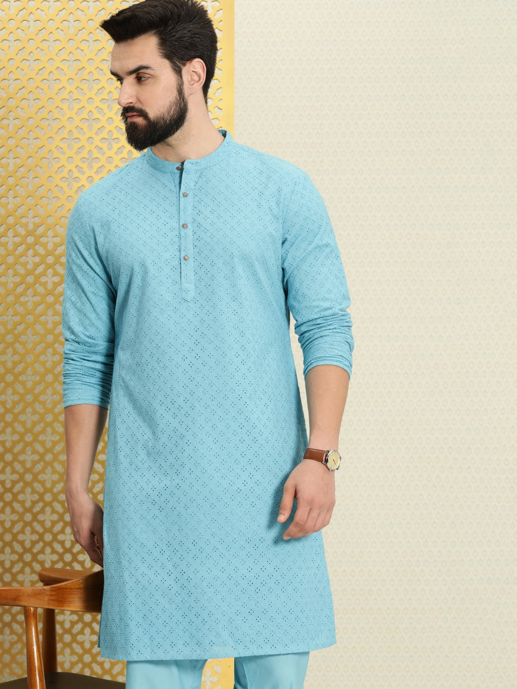 House of Pataudi Men Pure Cotton Schiffli Thread Work Jashn Kurta with Pyjamas