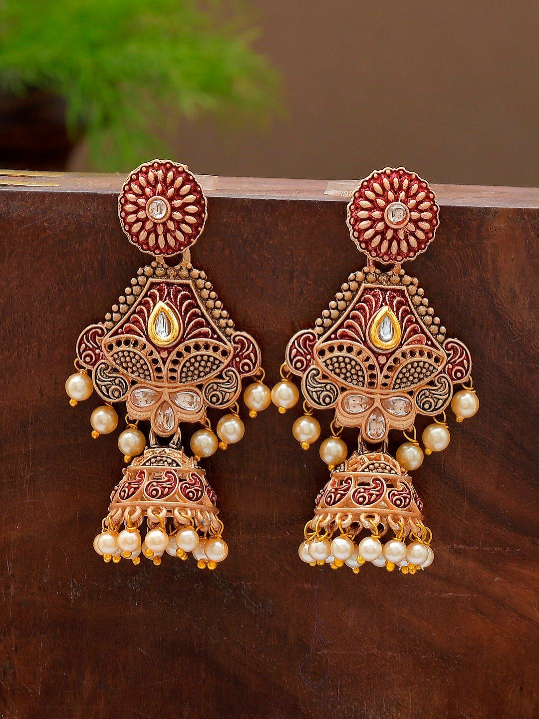 Shoshaa Maroon & Gold-Toned & Plated Contemporary Antique Jhumkas Earrings