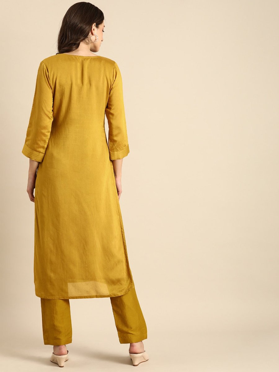 All About You Women Mustard Yellow & Off-White Ethnic Motifs Embroidered Kurta Set