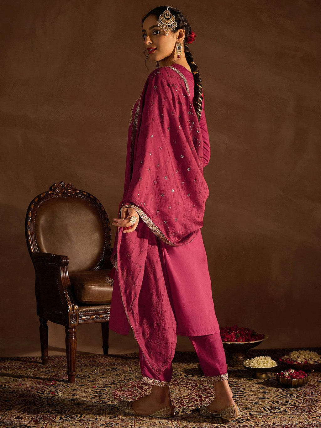 Indo Era Red Floral Embroidered Regular Kurta with Trousers & Dupatta
