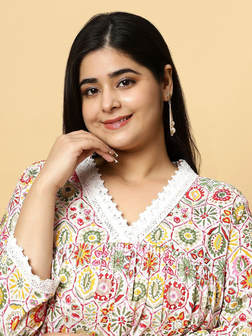 Sztori Plus Size Floral Printed V- Neck Pleated Pure Cotton A-Line Kurta With Lace Detail