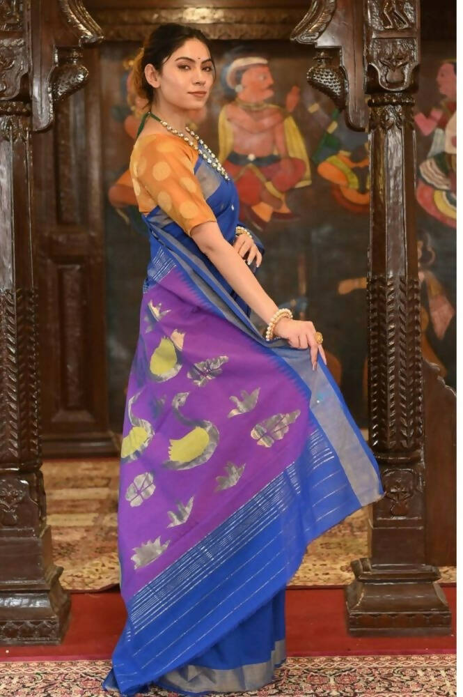 Very Much Indian Handloom Pure Cotton Paithani Swan Pallu-Marine Blue