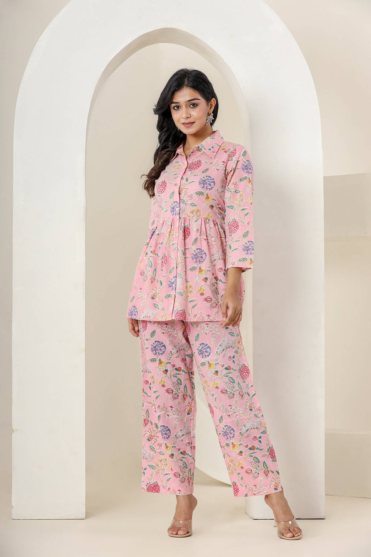Kaajh Women's Baby Pink Printed Cotton Co-ord Set