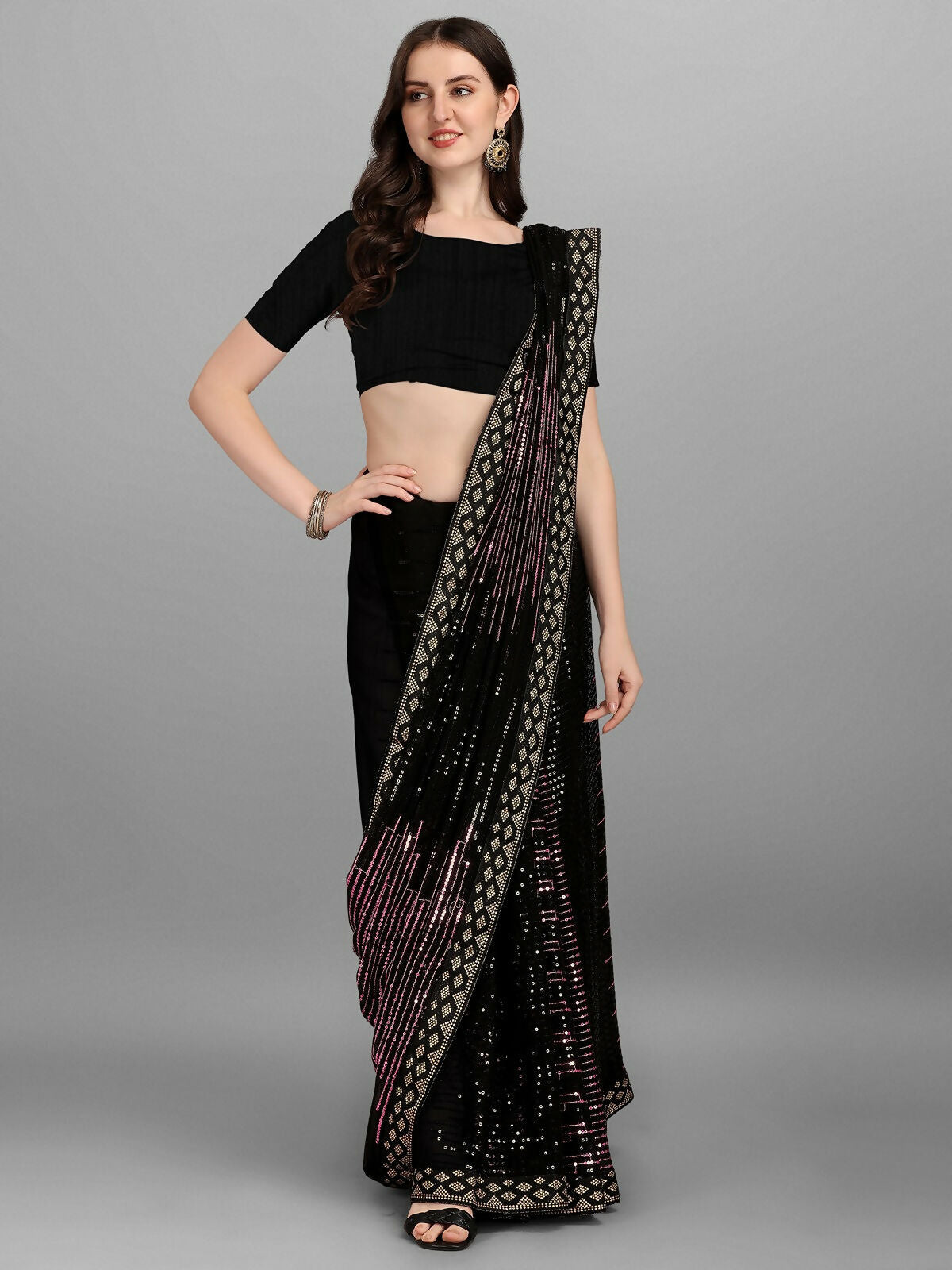 Vegaa Fashion Black Georgette Embroidered Party Wear Saree