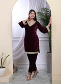 Miravan Women's Wine Embroidered Velvet Co-ord Set