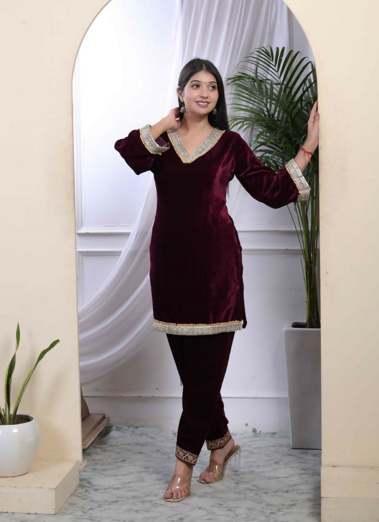 Miravan Women's Wine Embroidered Velvet Co-ord Set