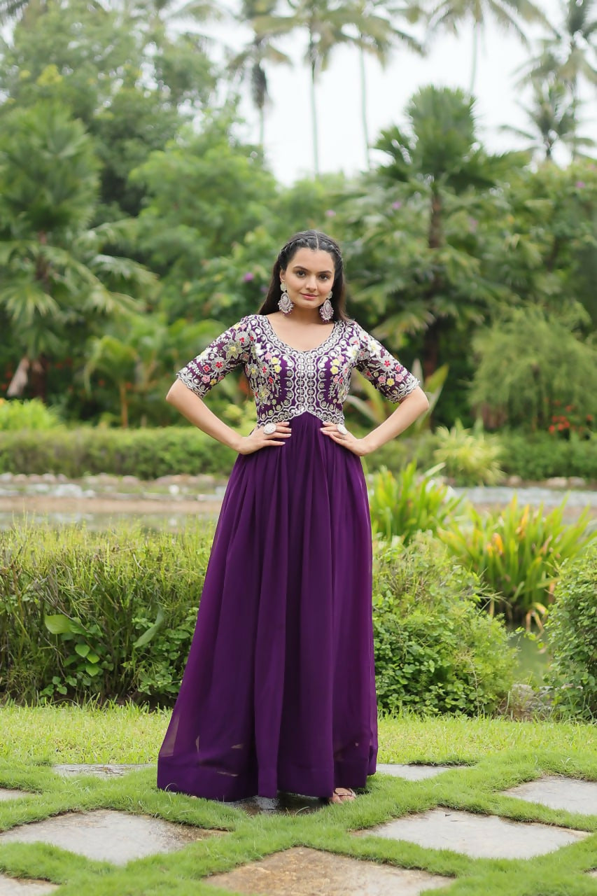 Vastranavya Faux Blooming with Embroidery Zari Sequins-work Gown - Purple
