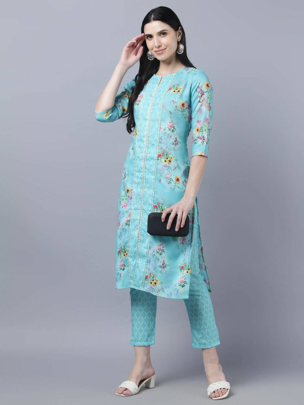 Myshka Women Blue Yellow Printed Kurta with Trousers