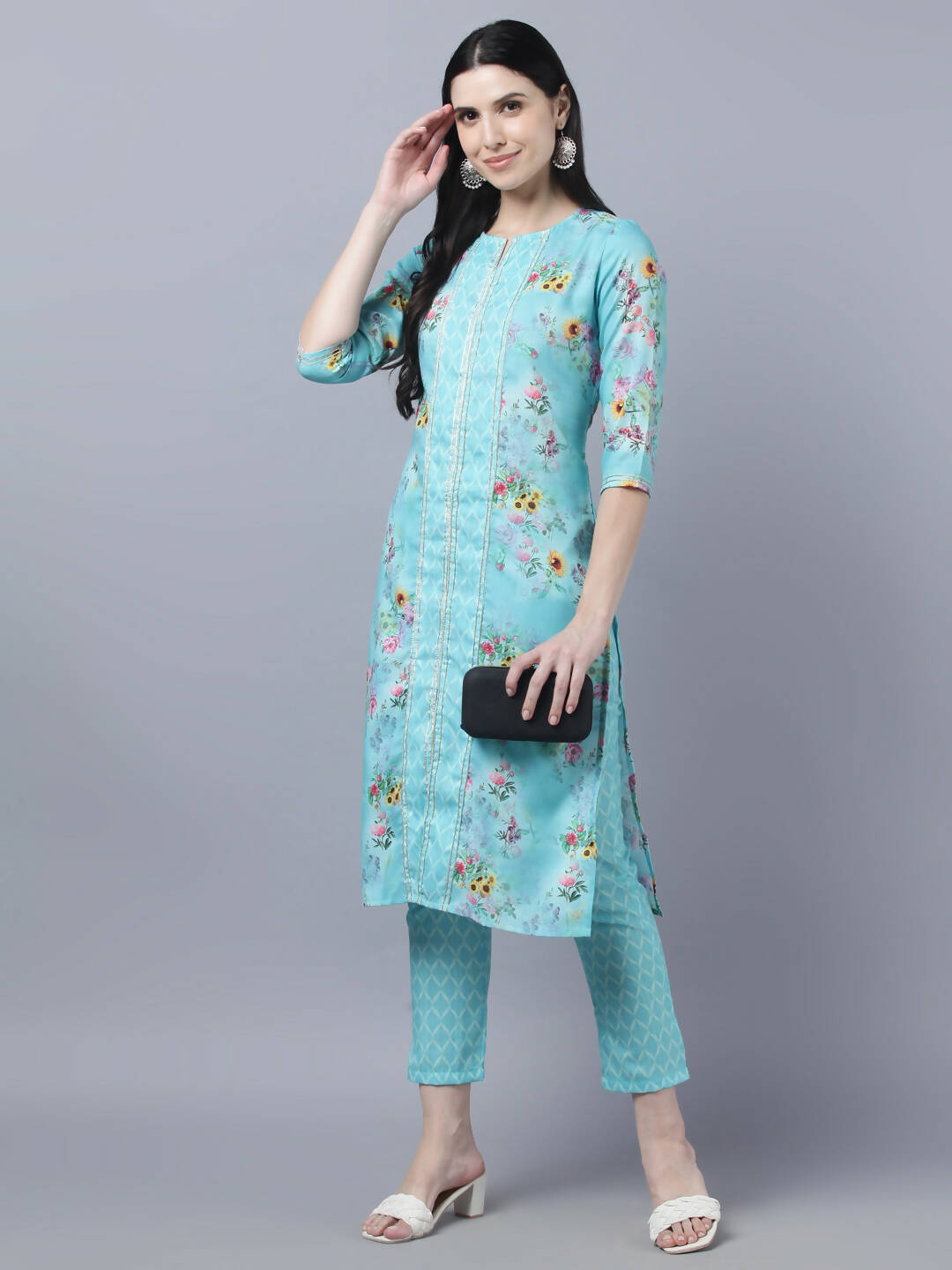 Myshka Women Blue Yellow Printed Kurta with Trousers