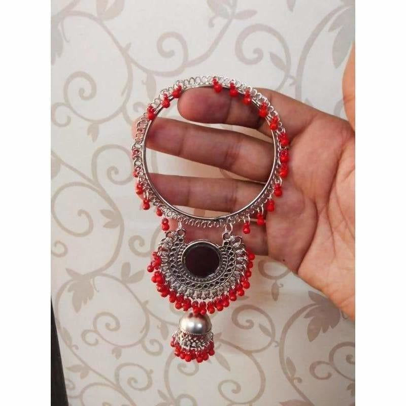 MS Fashion India Red Pearls In Silver Color Bangles With Hanging Jhumkas