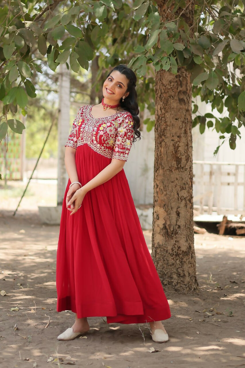 Vastranavya Faux Blooming with Embroidery Zari Sequins-work Gown - Red