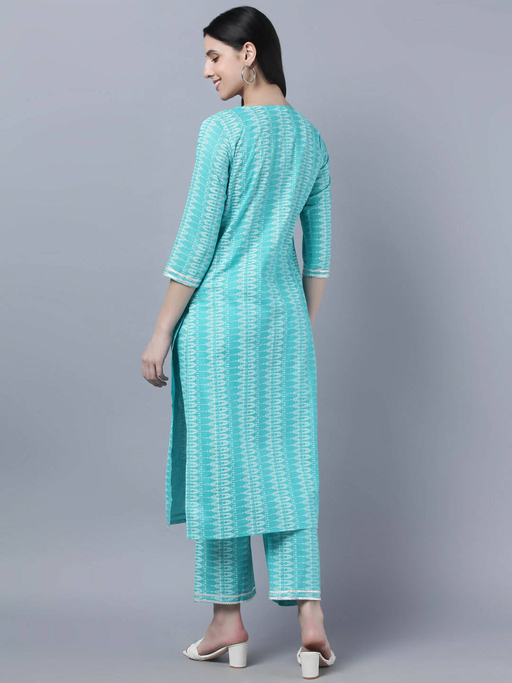 Myshka Women Turquoise Blue Layered Pure Cotton Kurti with Trousers With Dupatta Set