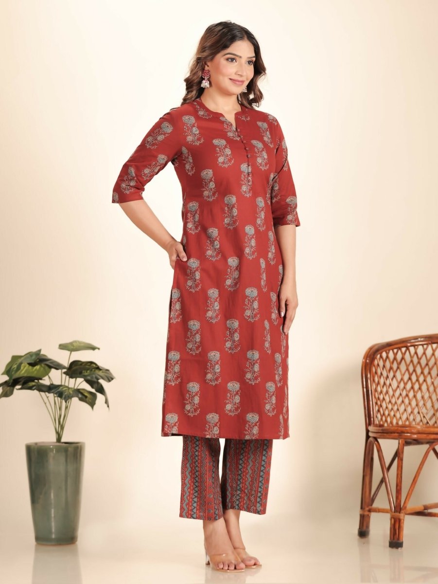 Aramya Maroon Soft Cotton Floral Print Straight Kurta Set for Women