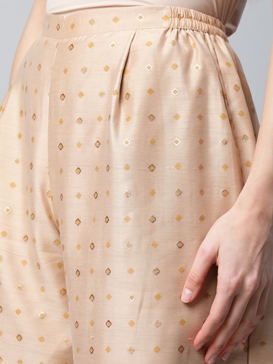 Ahalyaa Womens Beige Chanderi Kurta Palazzo Set with Dupatta