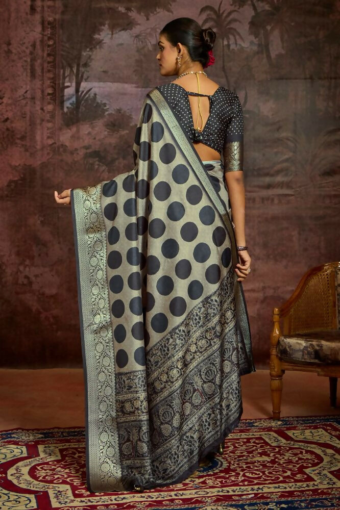 Joban Fashion Dark Grey Dola Tussar Silk Self Jacquard Border Saree