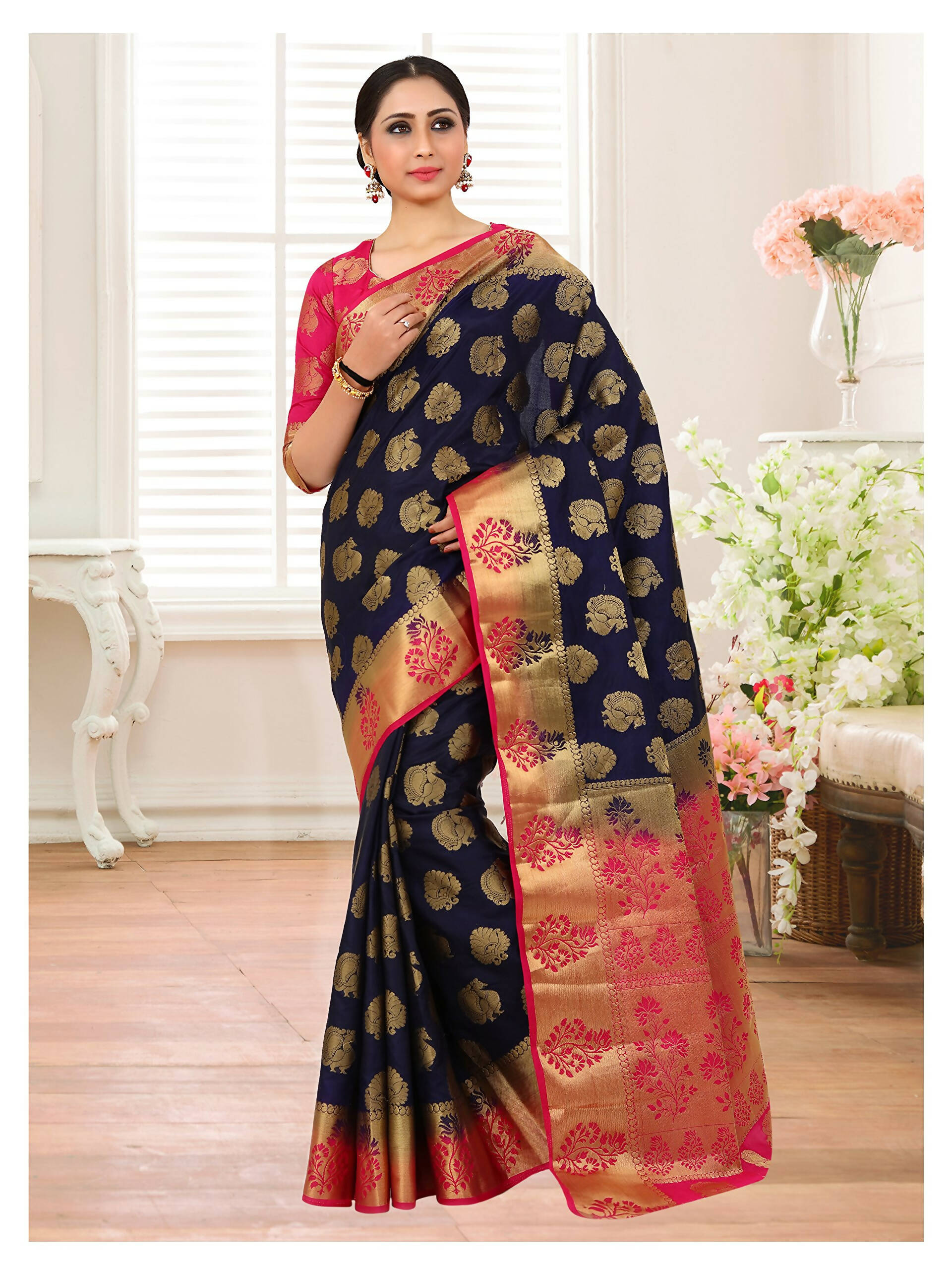 Mimosa Kanchipuram Silk Navy Blue Saree