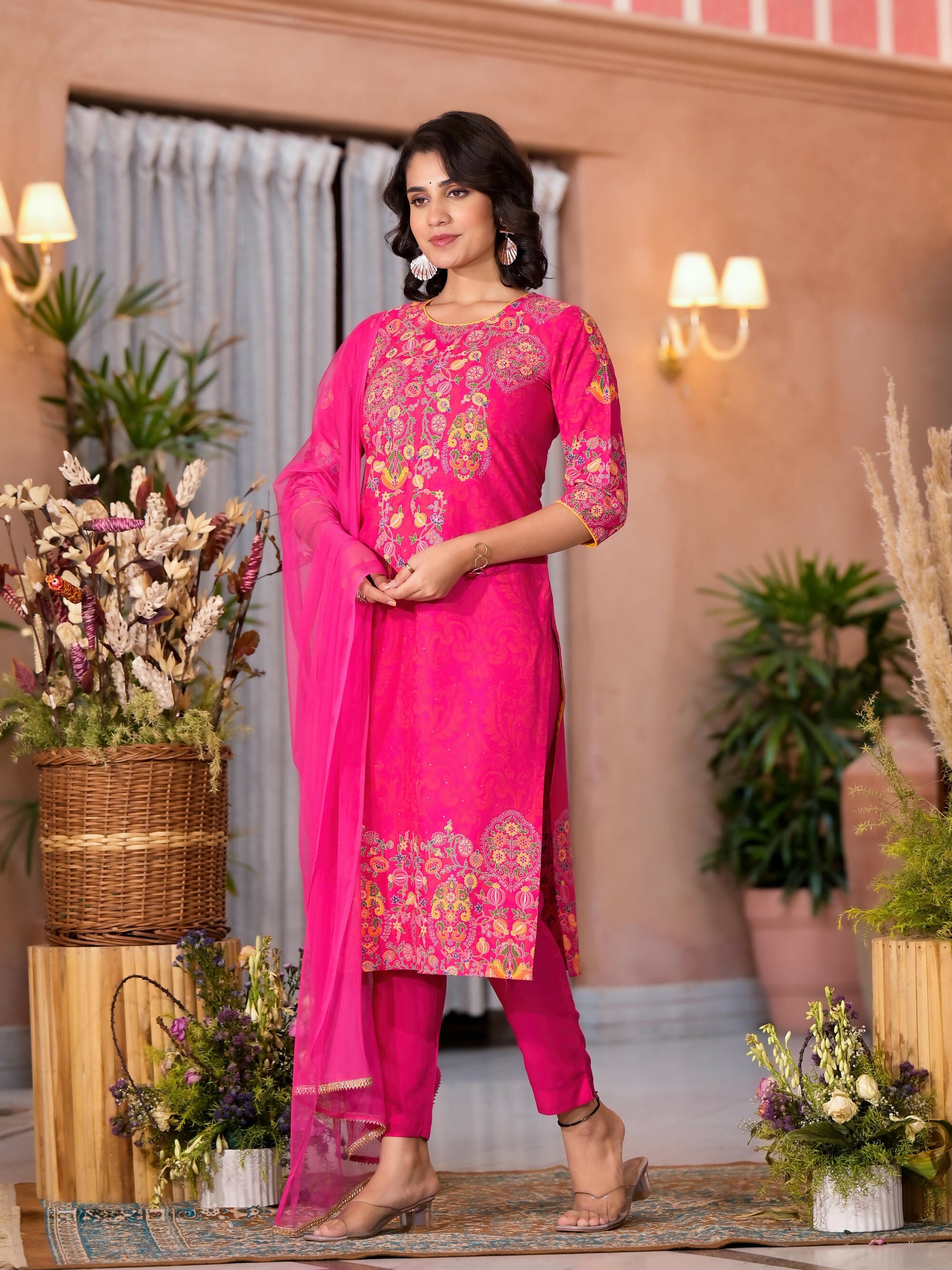 Juniper Women's Pink Thread Embroidered Liva Rayon Kurta Pant And Dupatta Set With Sequins Beads & Lace