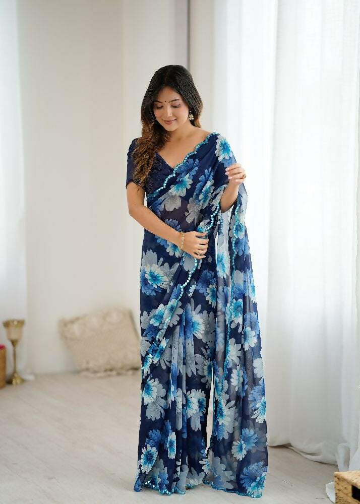 PR Fashion Blue Georgette Printed With Mirror Work Saree