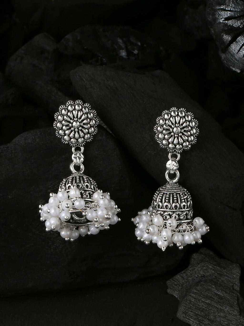 NVR Women Silver Toned Dome Shaped Jhumkas Earrings