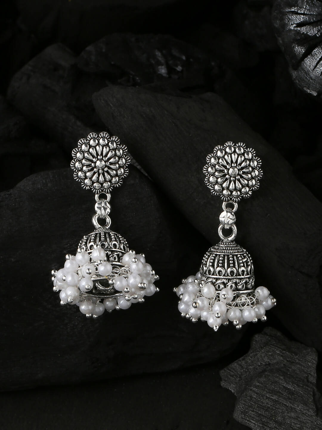 NVR Women Silver Toned Dome Shaped Jhumkas Earrings