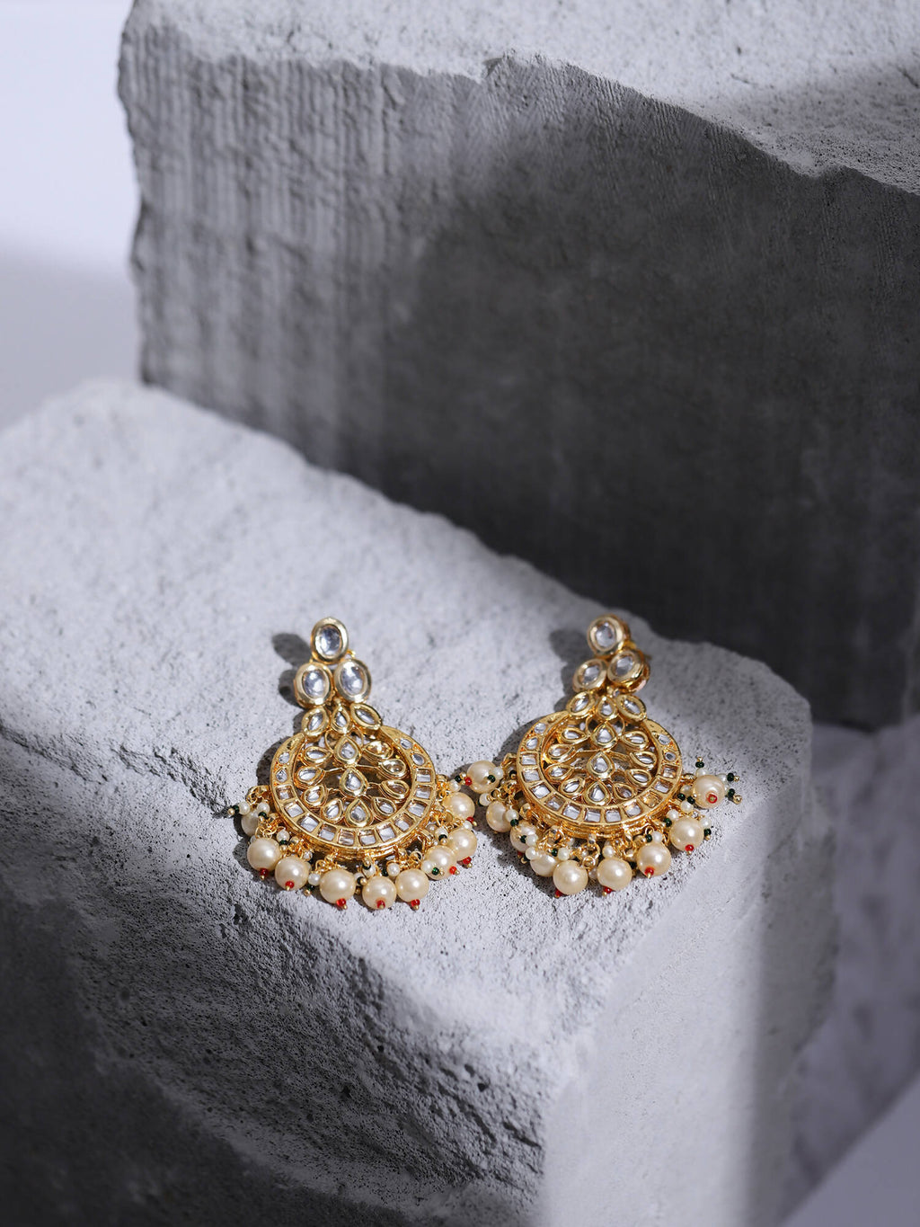 Gold-Toned White Kundan Contemporary Gold-Polished Chandbalis Earrings - Ruby Raang