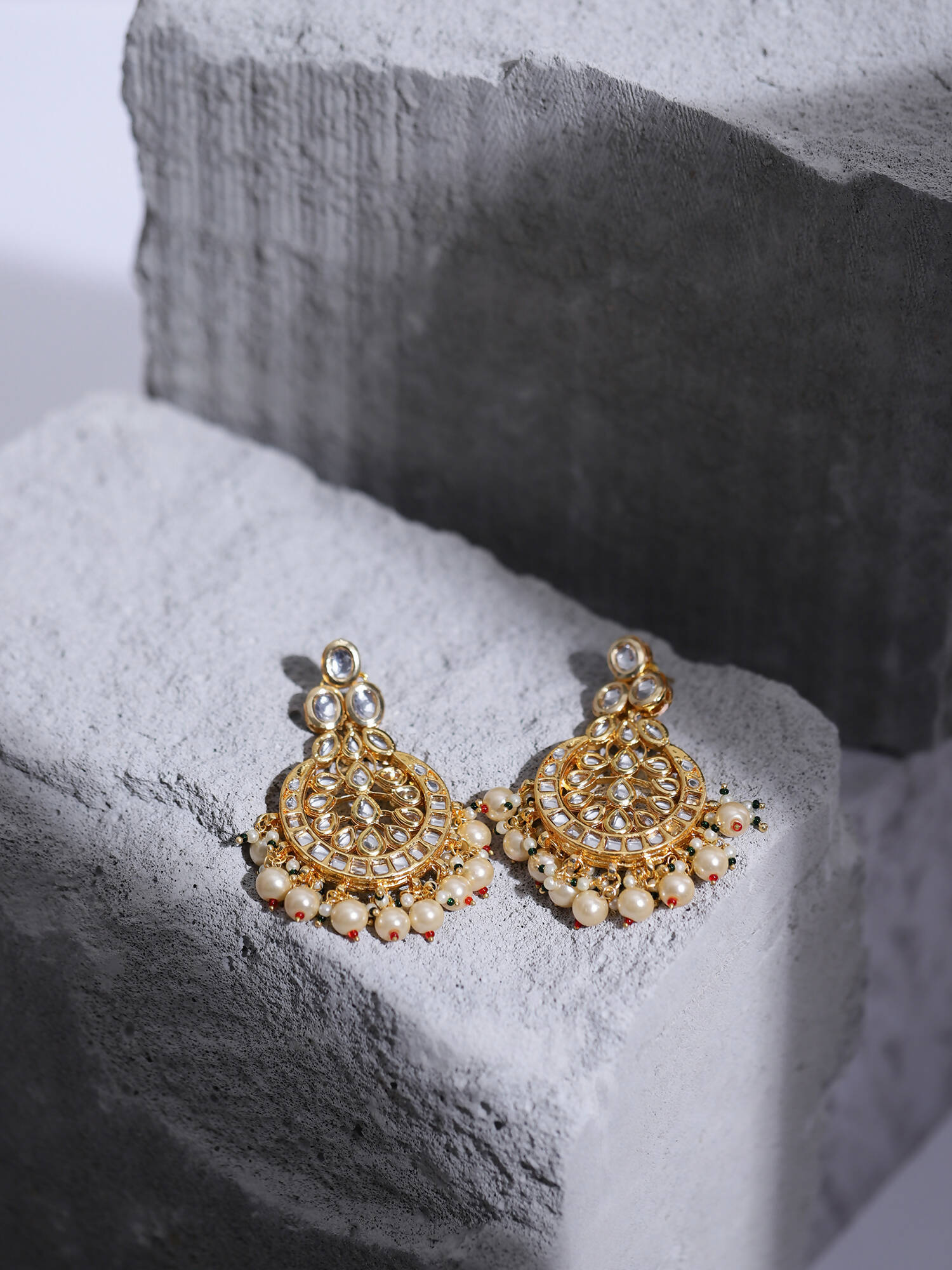 Gold-Toned White Kundan Contemporary Gold-Polished Chandbalis Earrings - Ruby Raang