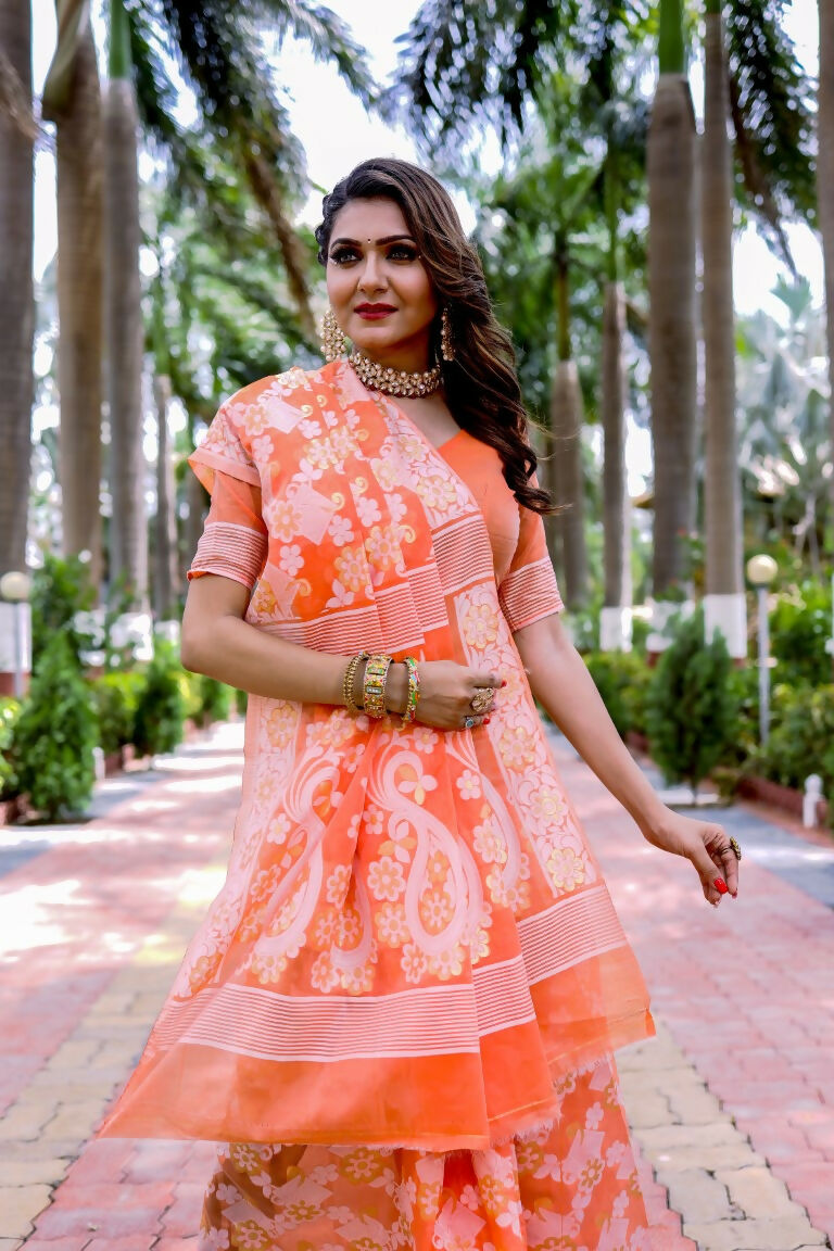 Partywear Designer Orange Jamdani contton Fancy Saree - Starwalk