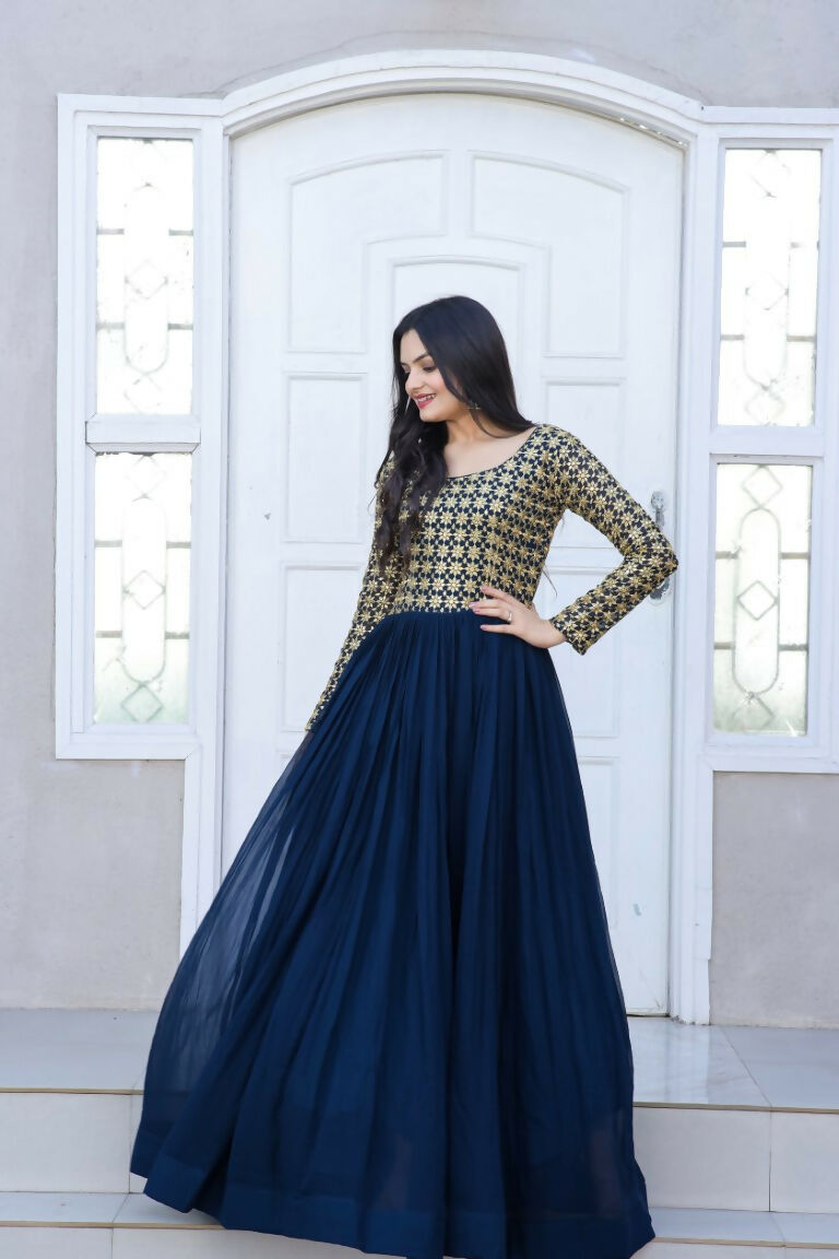 Jyoti Fashion Women's Navy Blue Sequence Zari Embroidered Faux Blooming Anarkali Dress