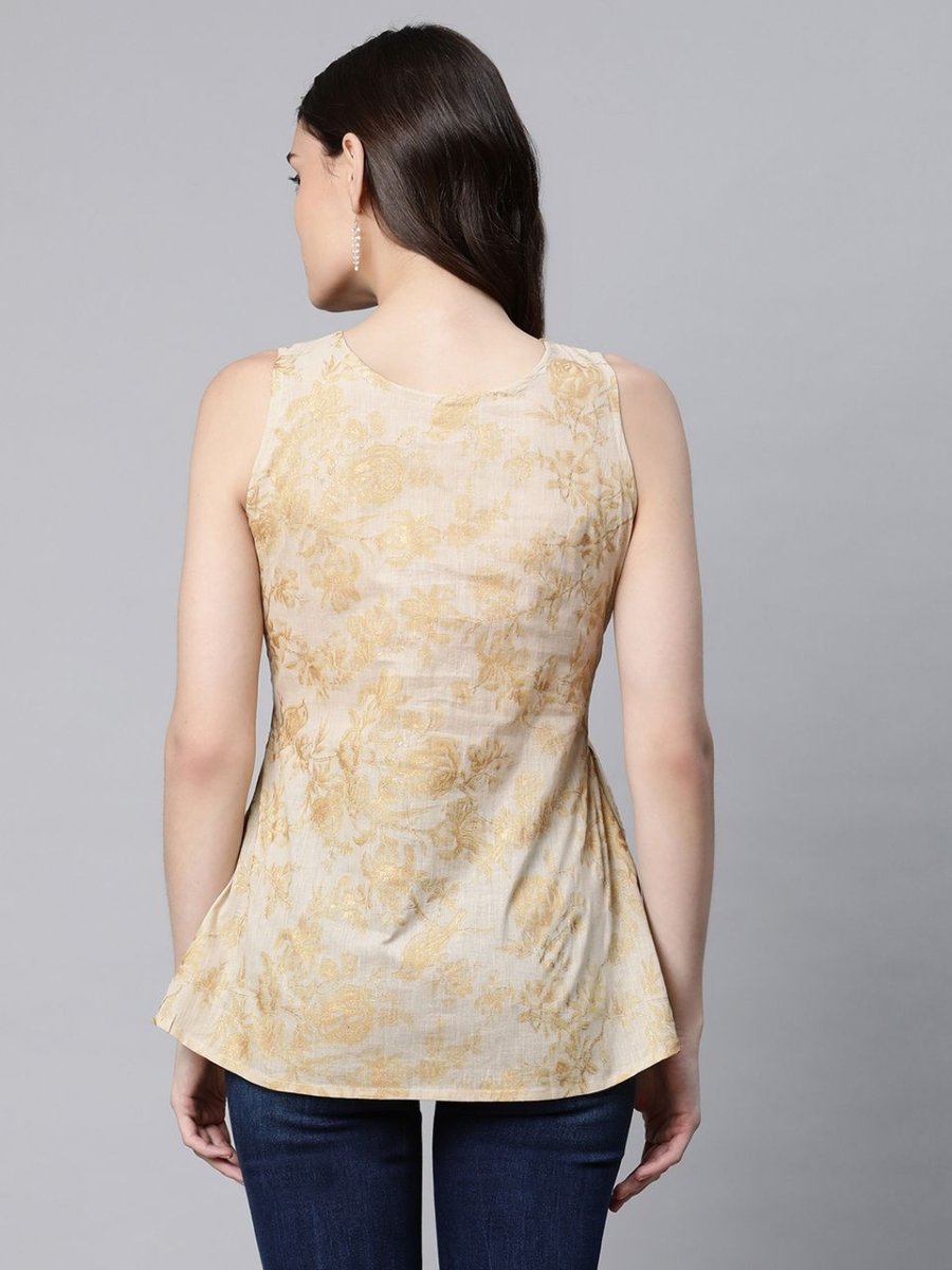 Ahalyaa Women Beige Cotton Gold Printed Tunic
