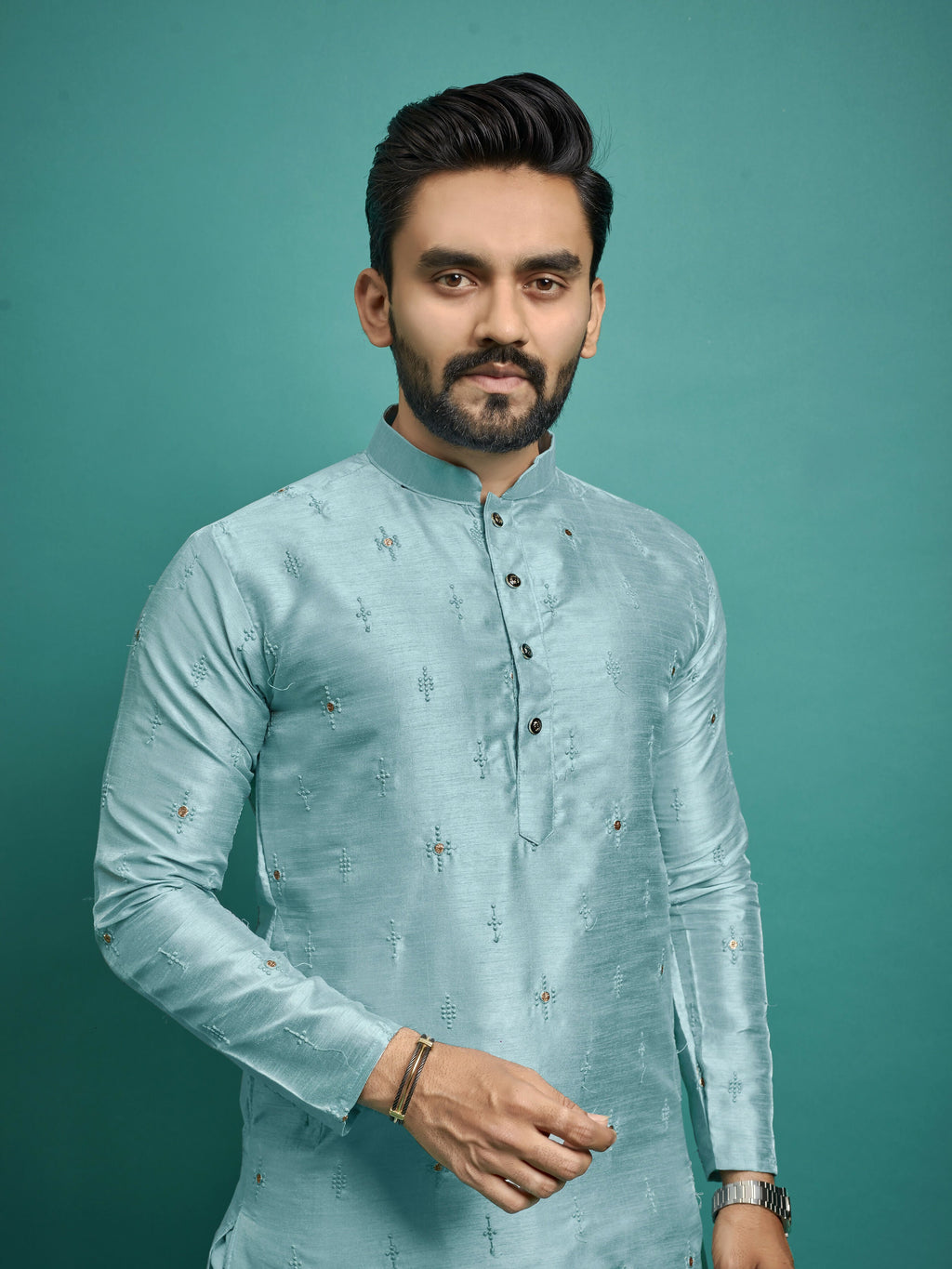 Indian Designer Embroidered Light Blue Men's Kurta Pajama Set by Infinity Export