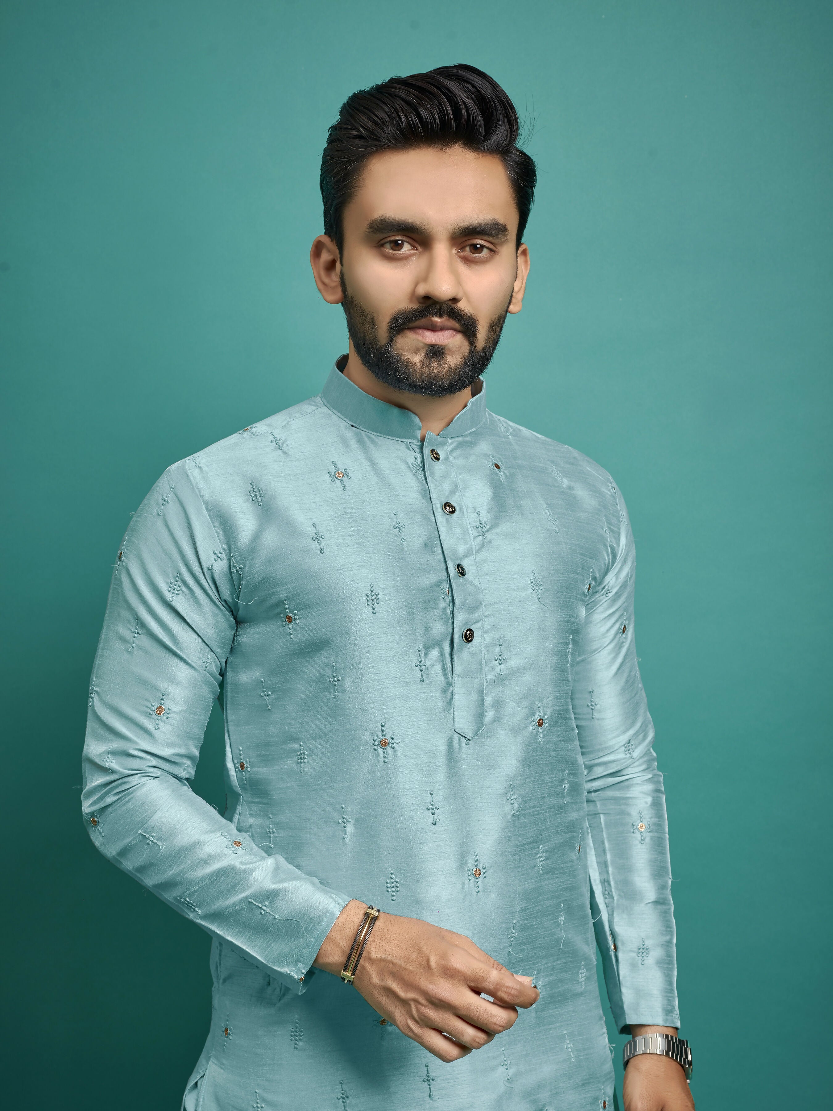 Indian Designer Embroidered Light Blue Men's Kurta Pajama Set by Infinity Export
