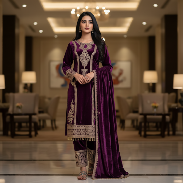 Teeya Creation Purple Color Velvet Fabric Designer Embroidery Work Suit