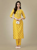 Jyoti Fashion Women's Yellow Rayon Embroidered Kurta Pant Set