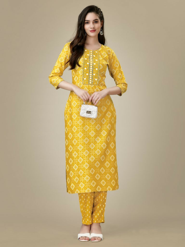 Jyoti Fashion Women's Yellow Rayon Embroidered Kurta Pant Set